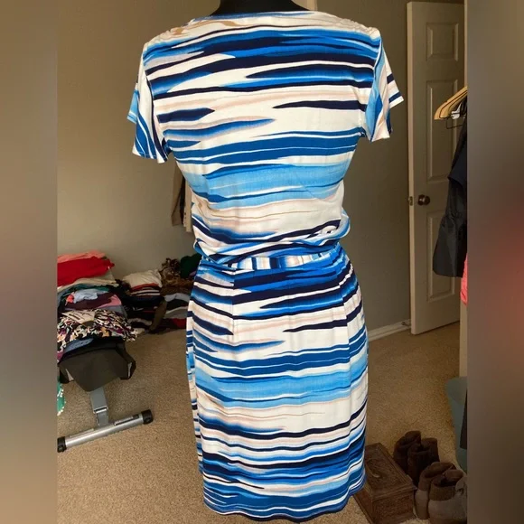 NWT: WHBM Striped Blue and White V-Neck Dress with tie belt and flutter sleeves - Picture 11 of 16
